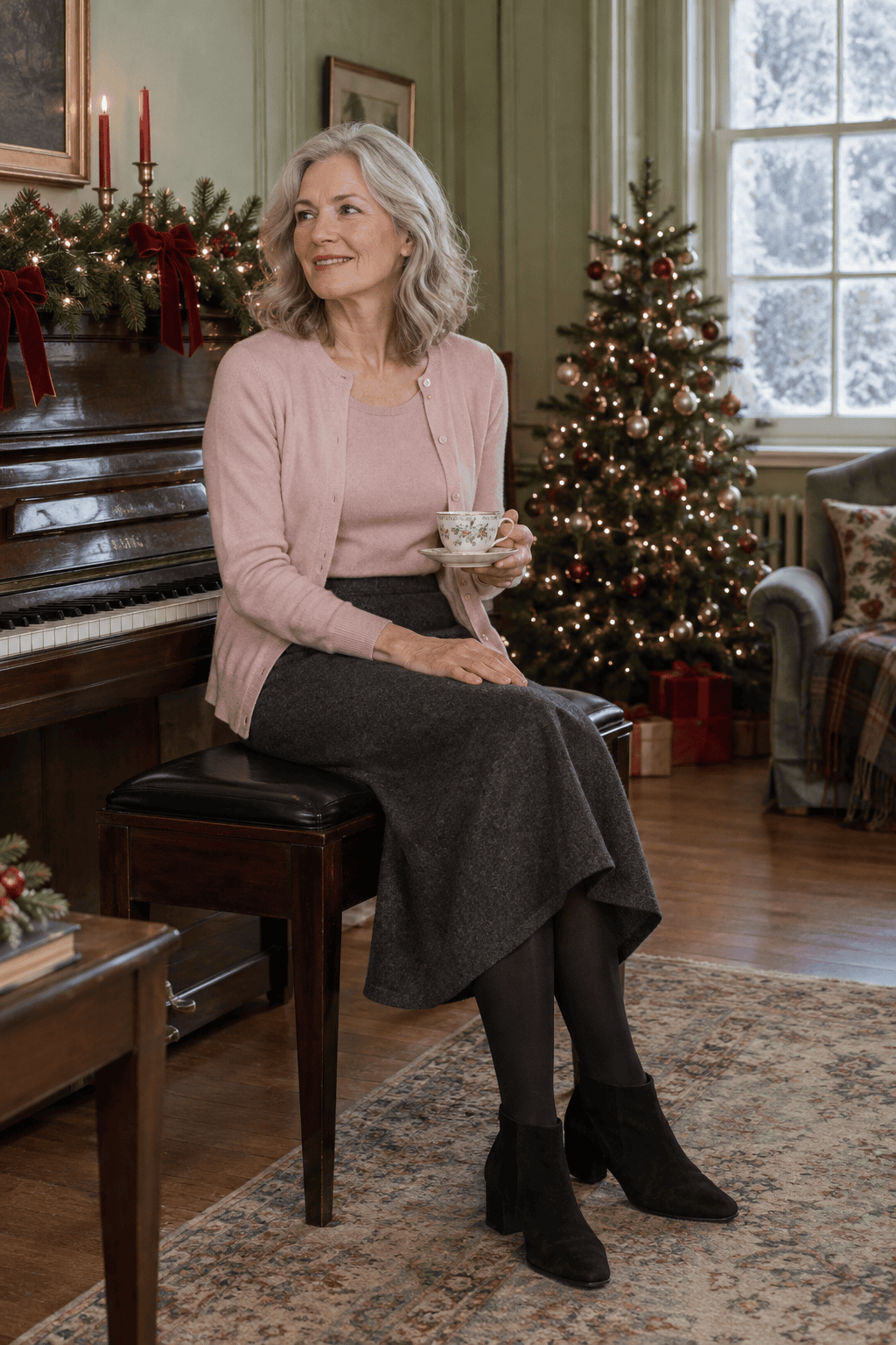 elegant christmas tea outfit for women over 60: blush silk-cashmere twinset with a charcoal cashmere midi skirt, black tights and black suede ankle boots