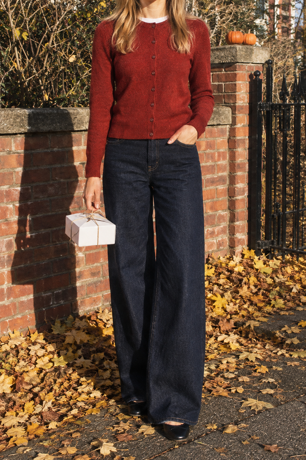 Cute Friendsgiving outfit: deep red cardigan worn buttoned as a top, dark navy wide-leg jeans and black ballet flats