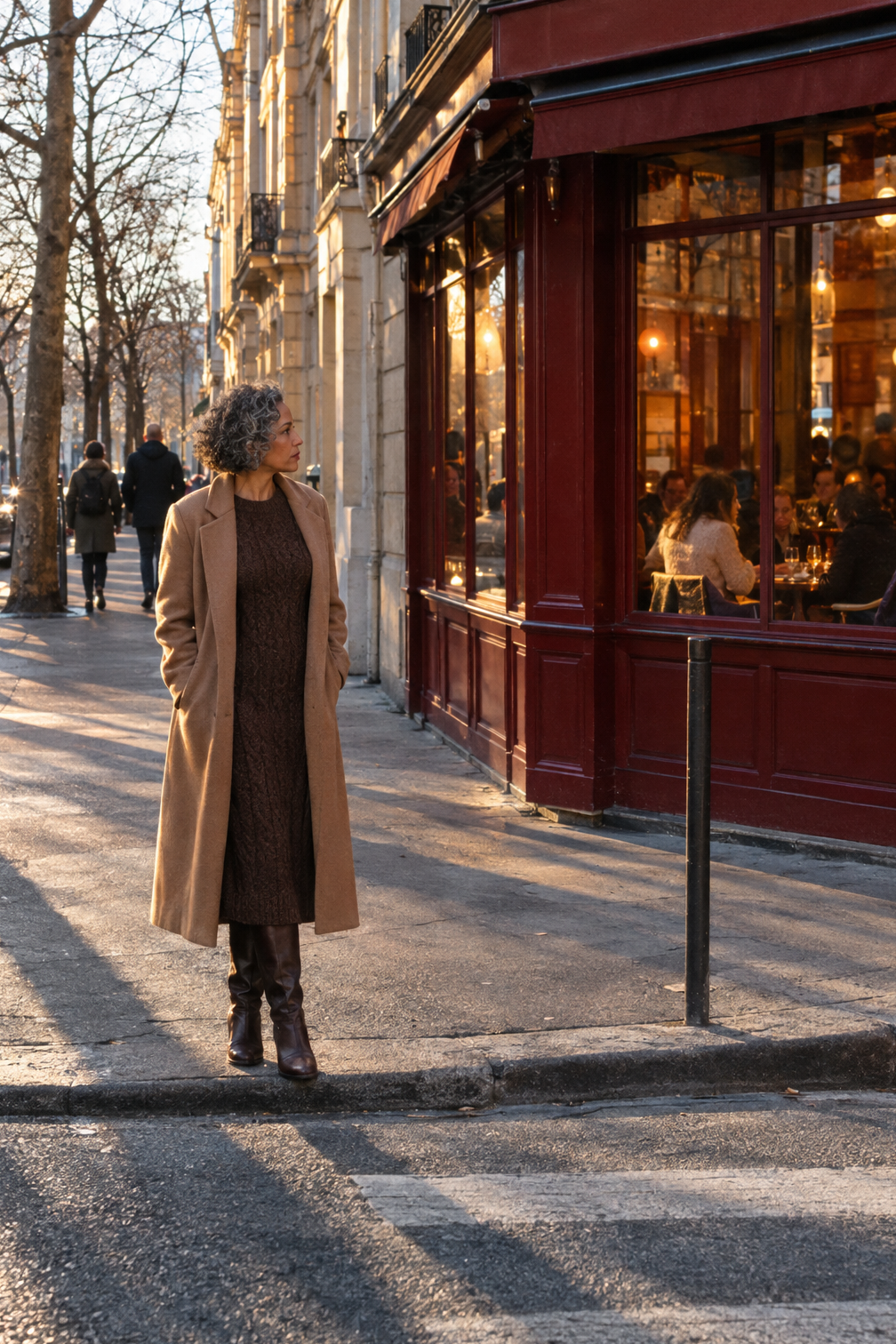 upscale restaurant winter outfit: chocolate cable-knit midi dress, dark brown knee-high boots and a caramel merino wrap coat