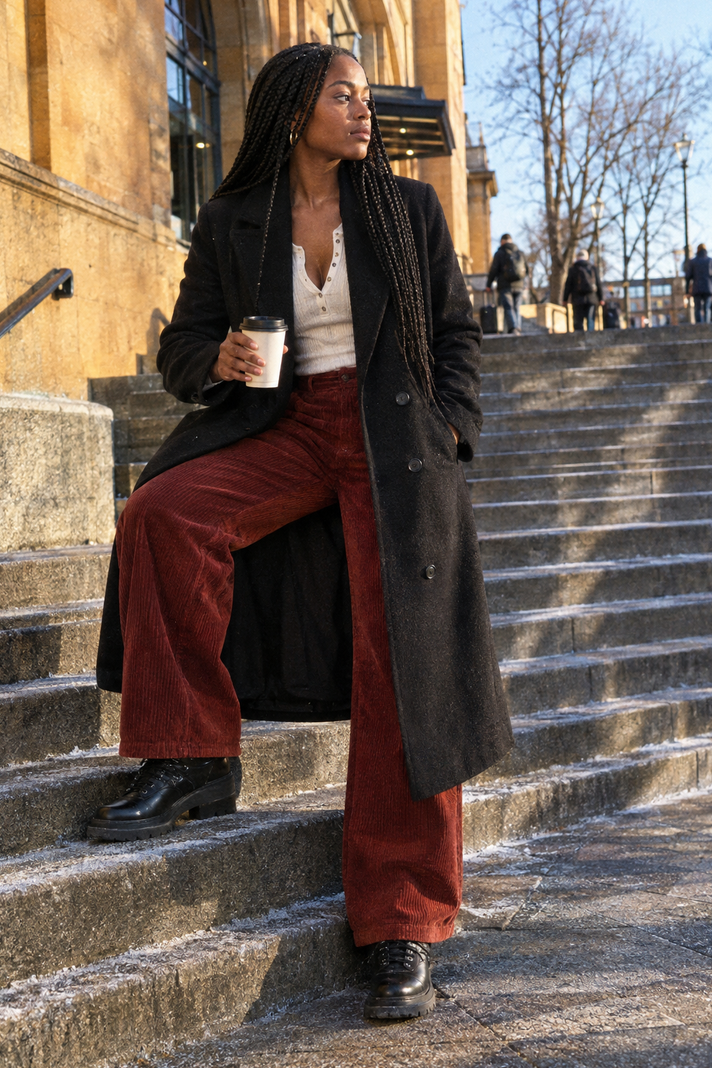 snowy destination winter airport outfit: black double-breasted wool coat over a bone rib henley, brick red wide-leg corduroy pants and black combat boots