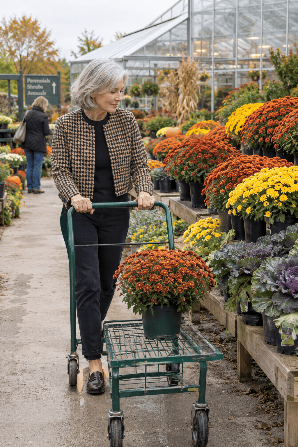 how to dress petite over 60: small houndstooth collarless jacket open over a black sweater and black straight jeans with brown penny loafers