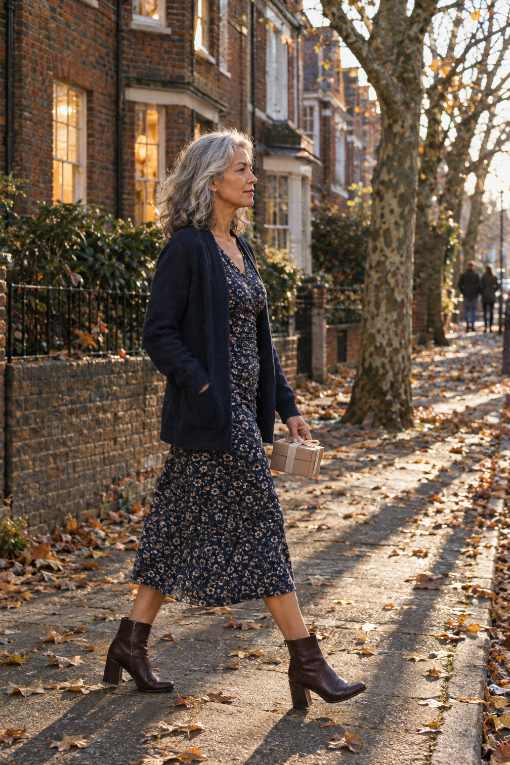 dinner party outfit ideas for guests: French navy small-floral ruched jersey midi dress with a navy cashmere cardigan and dark brown ankle boots