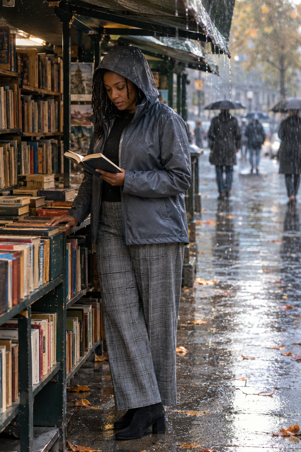 casual office rainy day outfit for work: Harbor Gray waterproof packable hooded rain jacket, British plaid wide-leg ponte trousers and black suede waterproof booties