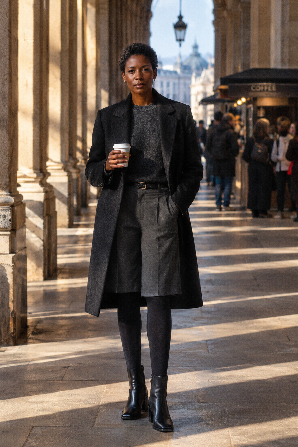 how to style tights with dark grey Bermuda shorts under a long black wool-cashmere coat