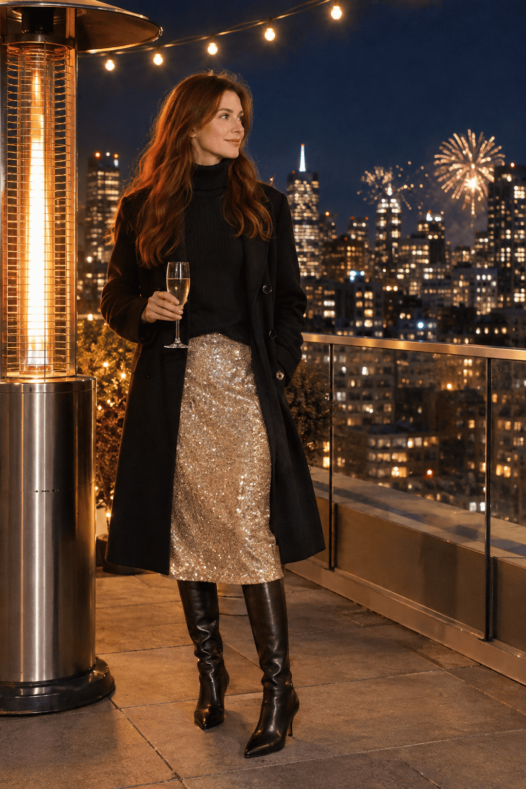 cold weather new years eve rooftop outfit: champagne sequin skirt with a black cashmere turtleneck, short black wool coat and black leather knee boots