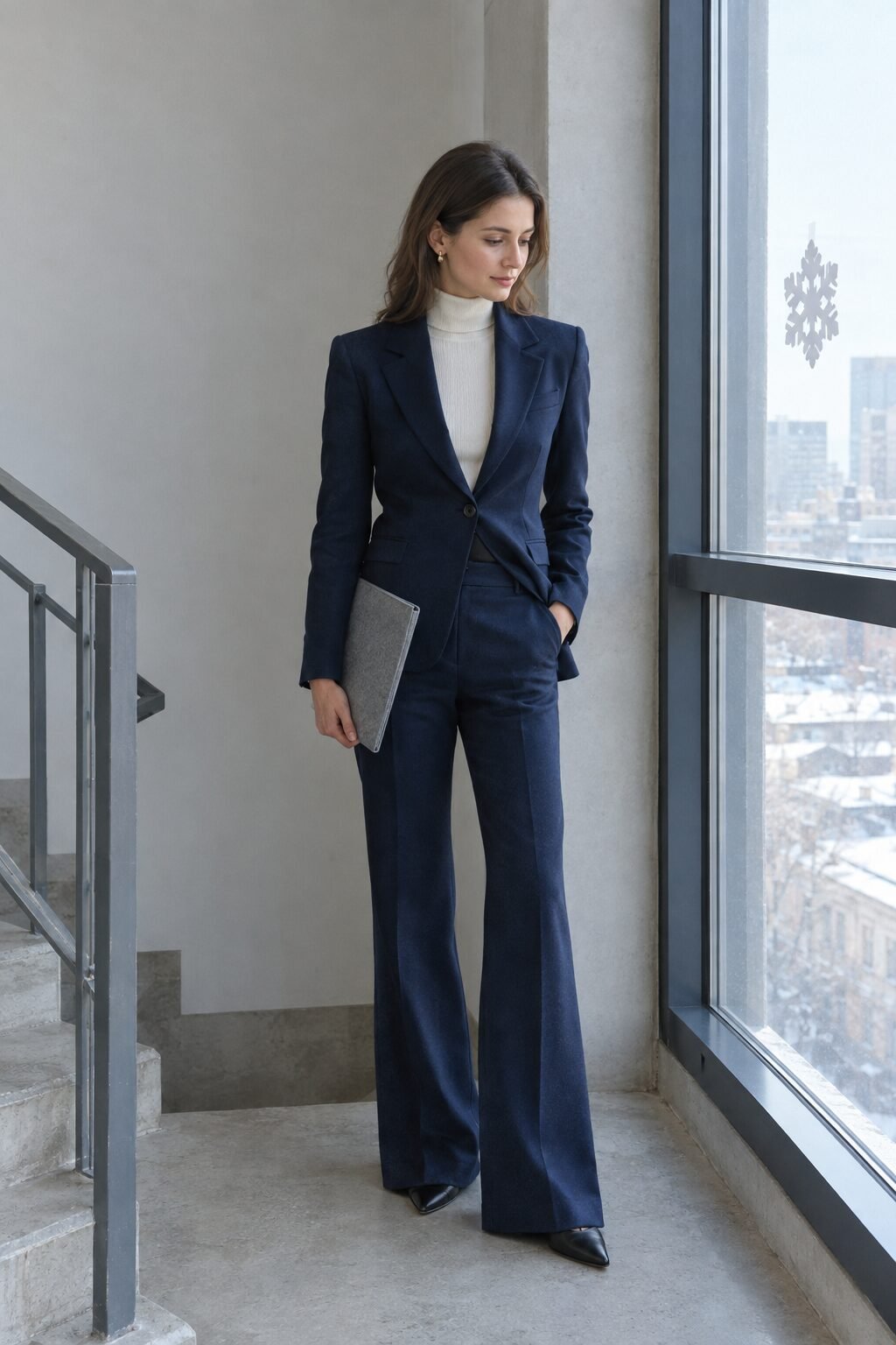 understated christmas work lunch outfit: navy italian wool single-breasted suit worn with a white cashmere high-neck tank