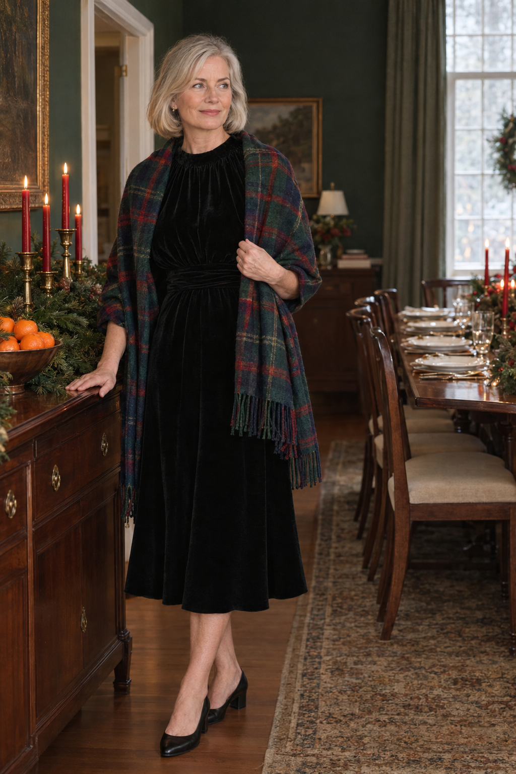classy christmas dinner outfit for women over 50: black velvet midi dress with a tartan wool wrap around the shoulders and black pumps
