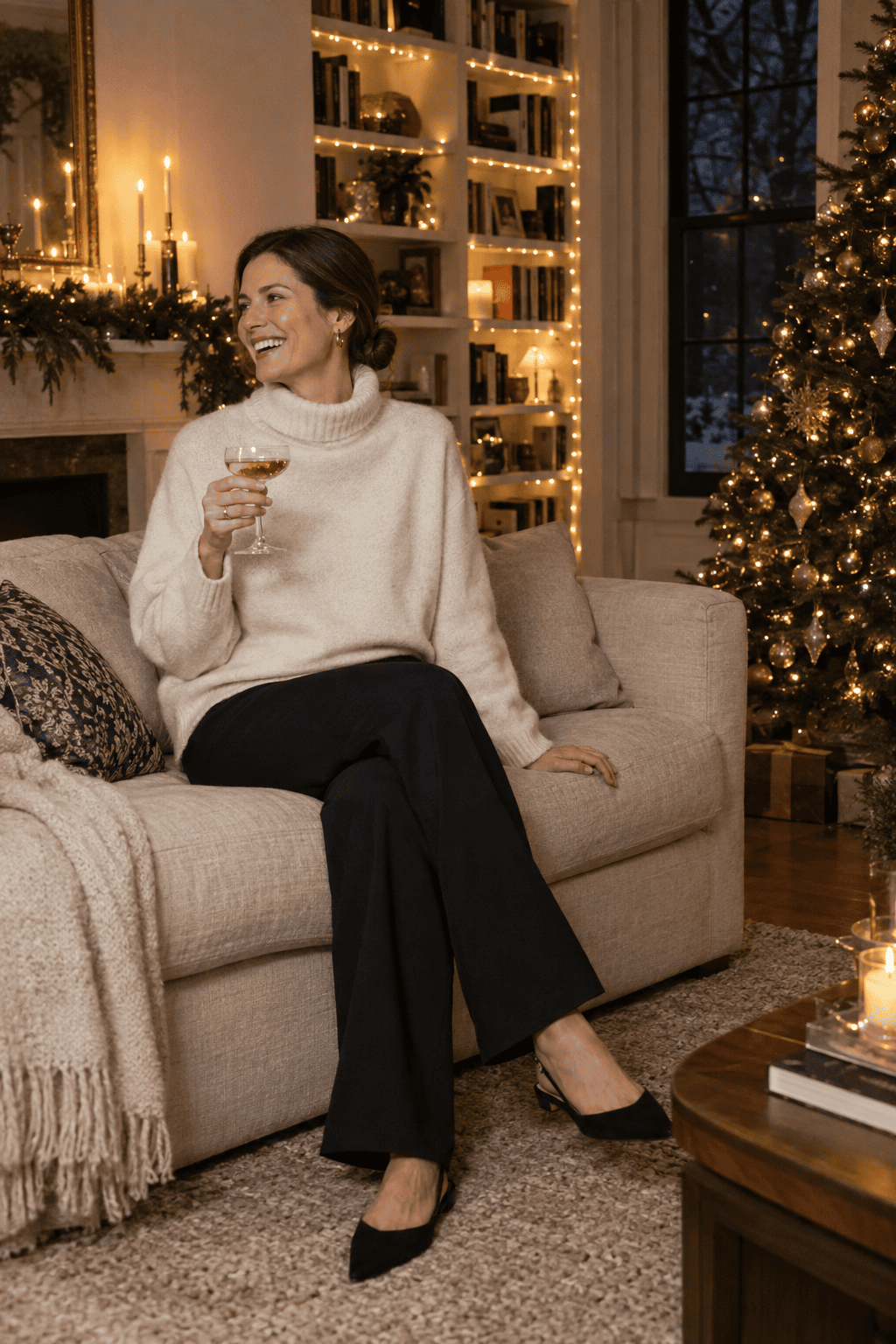New Year's Eve at home outfit: winter white cashmere turtleneck, black wide-leg trousers and black suede pointed slingback flats