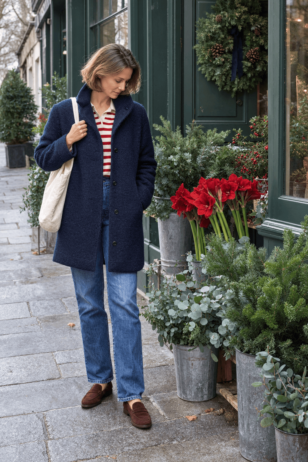 holiday errands outfit for women over 40: navy funnel-neck wool coat over a red and ivory striped polo knit with straight jeans and brown suede loafers
