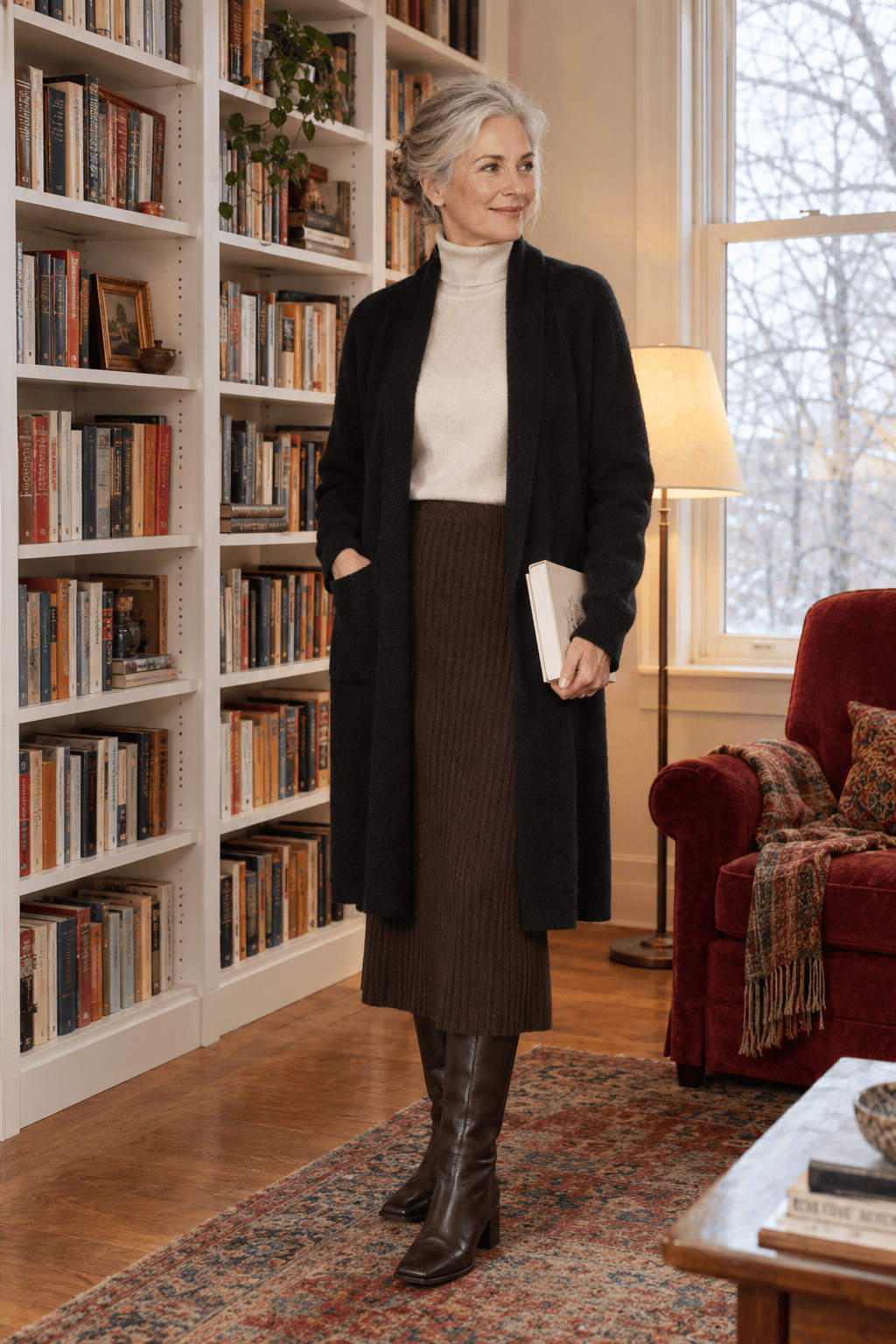 book club outfit for women over 60: long black cashmere cardigan over a cream turtleneck and brown cashmere rib midi skirt with leather boots
