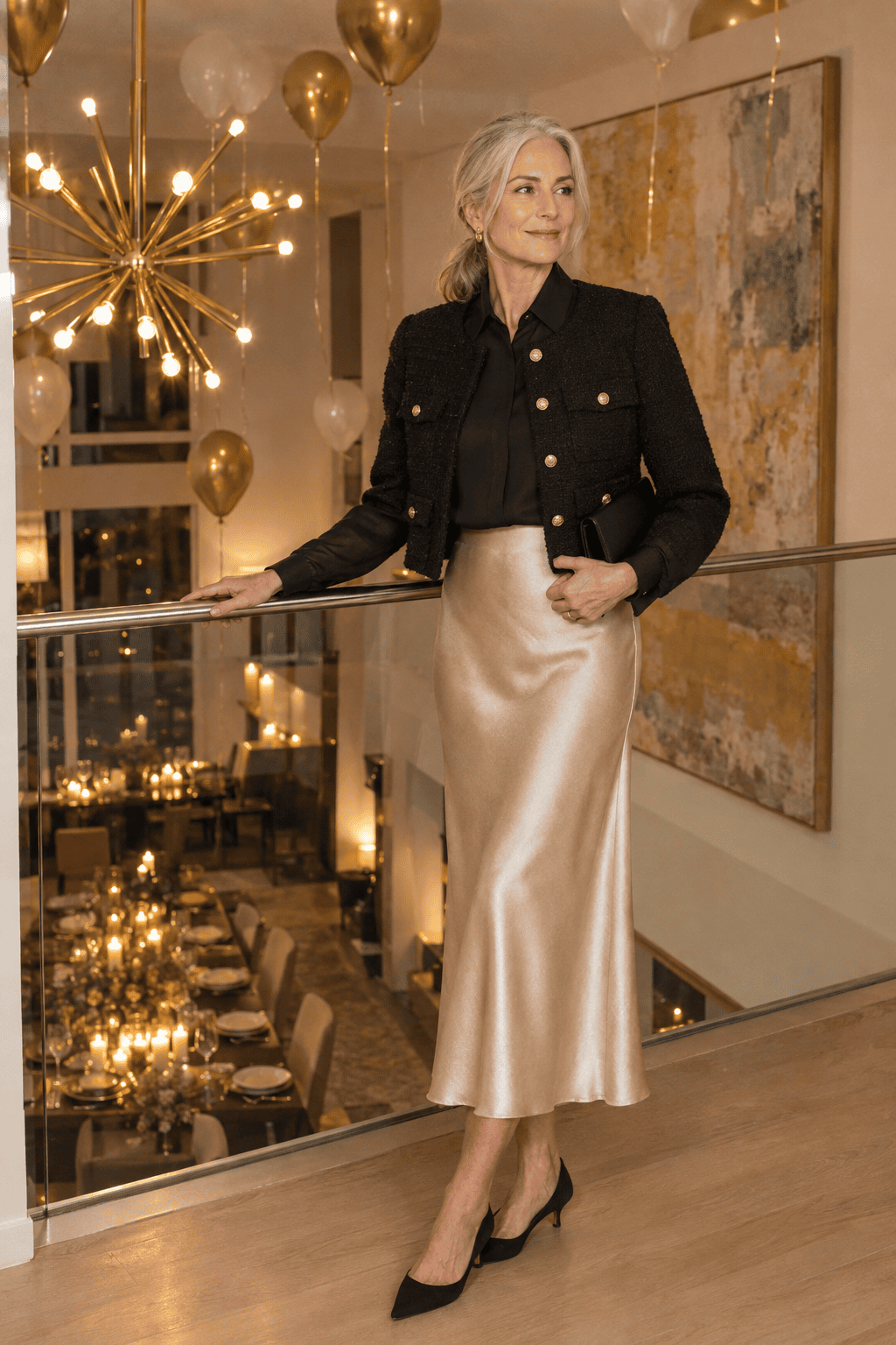glamorous new years eve outfit for women over 60: black silk shirt with sheer sleeves, champagne satin slip skirt and a cropped black wool jacket