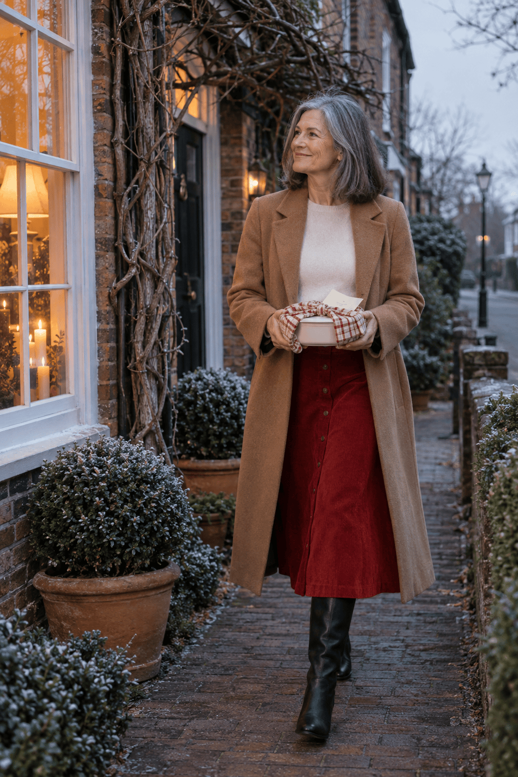 Galentine's supper outfit for women over 60: ivory cashmere crewneck tucked into a red corduroy A-line midi skirt with a caramel long coat and black knee boots