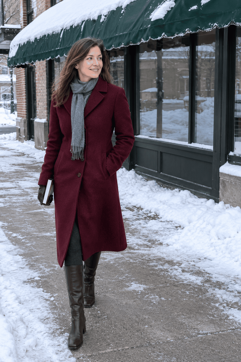burgundy tailored wool coat over a heather grey cashmere turtleneck sweater dress with dark brown knee boots on a snowy street