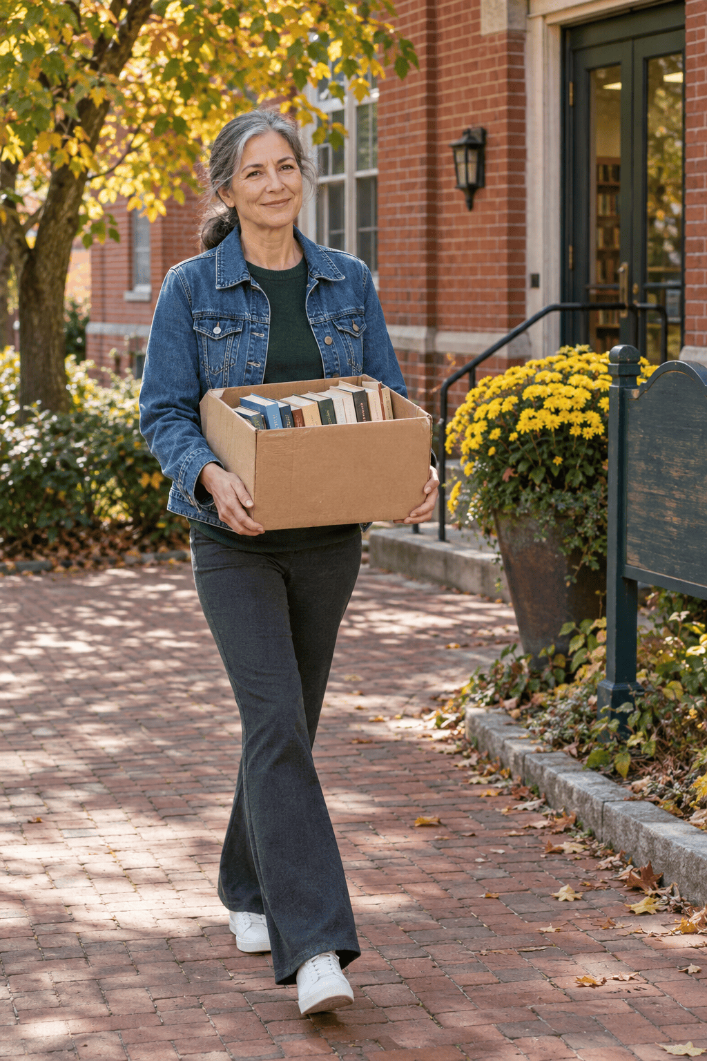 mid-wash cropped denim jacket over a forest green cotton sweater with charcoal ponte pants and white leather sneakers, a casual community-event outfit for women over 60