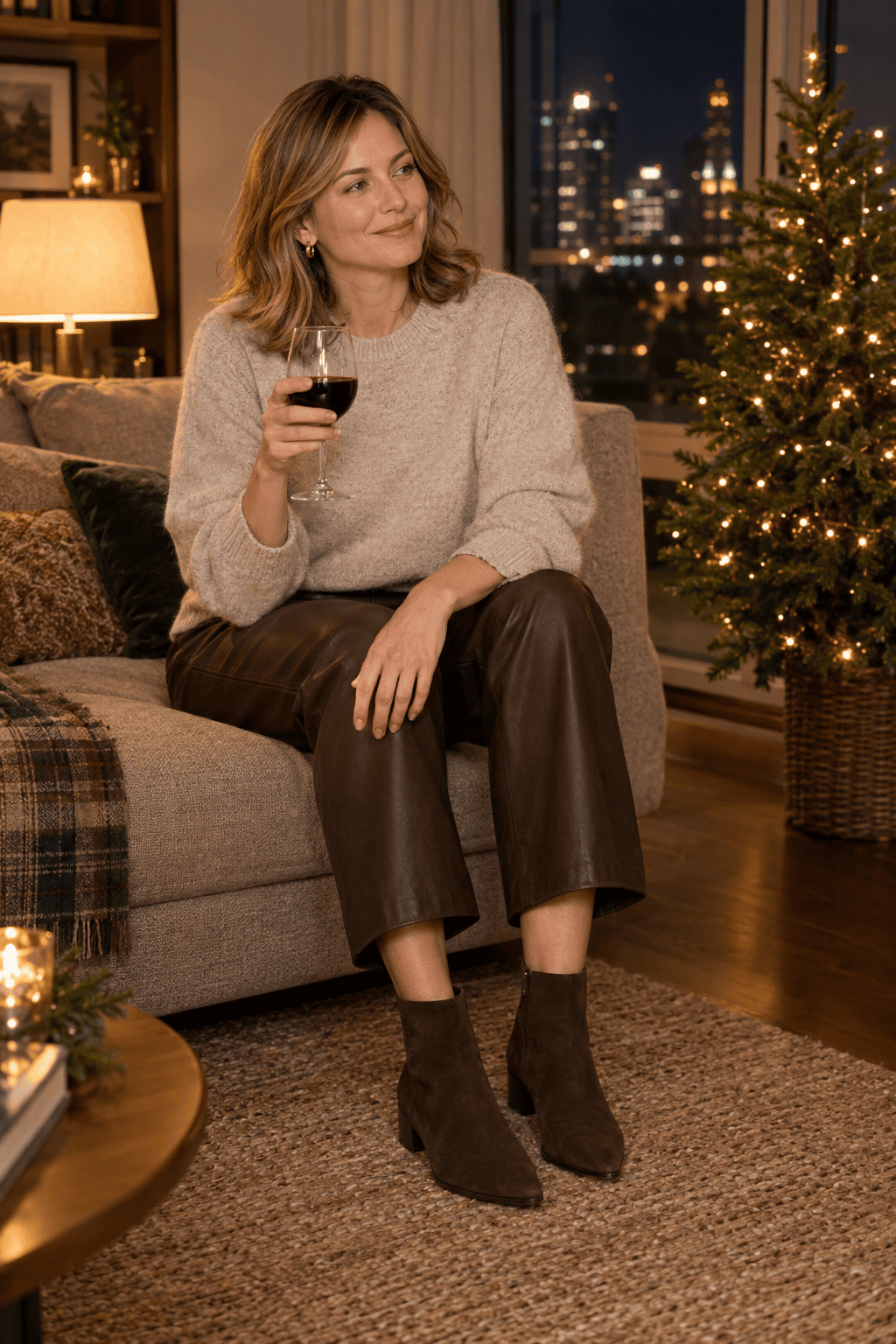 holiday drinks outfit with ankle boots: espresso faux leather cropped wide-leg pants, oatmeal cashmere crewneck and chocolate suede block-heel ankle boots