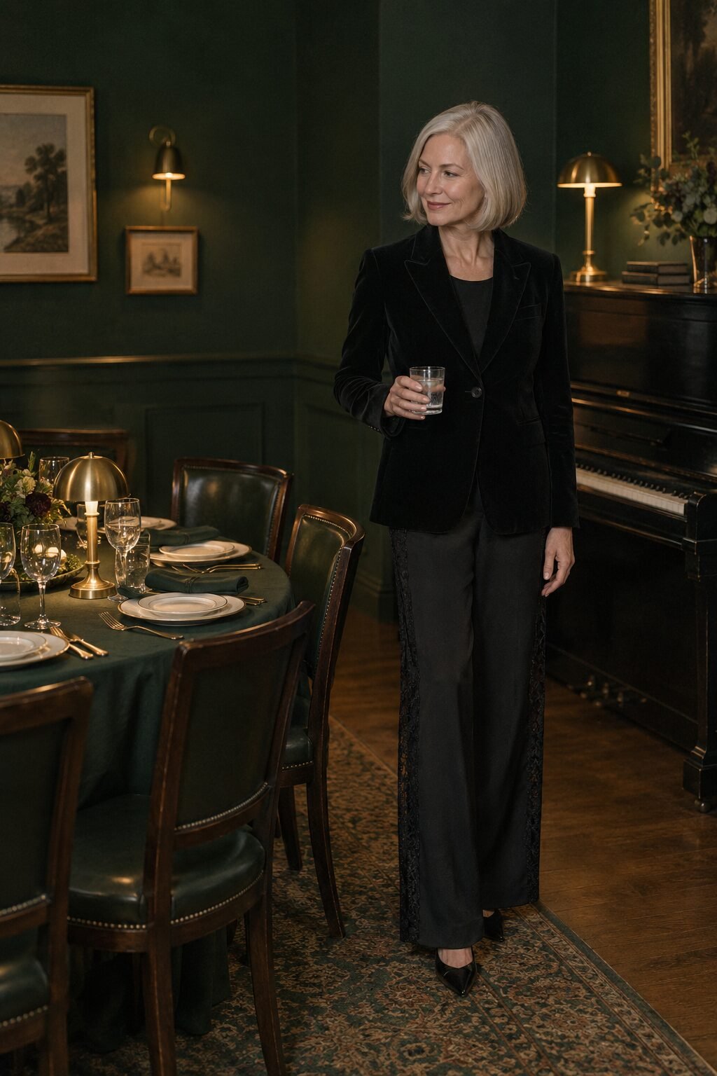 supper club rehearsal dinner outfit for the mother of the groom: black velvet blazer with black satin straight trousers and black pointed pumps