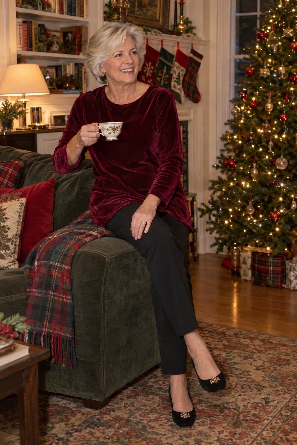 family christmas party outfit for women over 60: wine red velvet shirt worn untucked as a tunic over slim black ponte trousers with jeweled black suede ballet flats