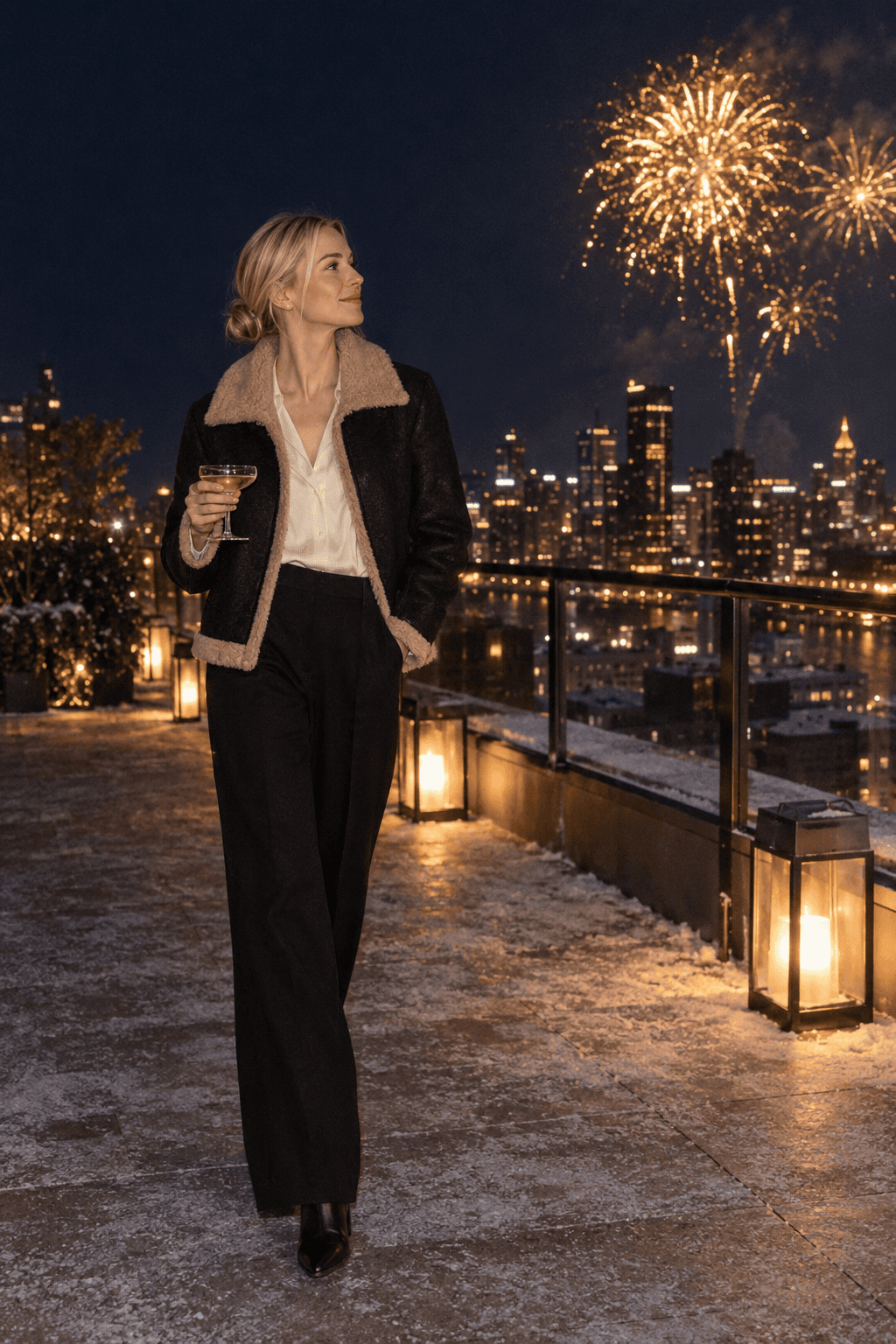 New Year's Eve winter outfit: black faux-shearling jacket with tan trim, ivory silk blouse, black wool wide-leg trousers and pointed black ankle boots