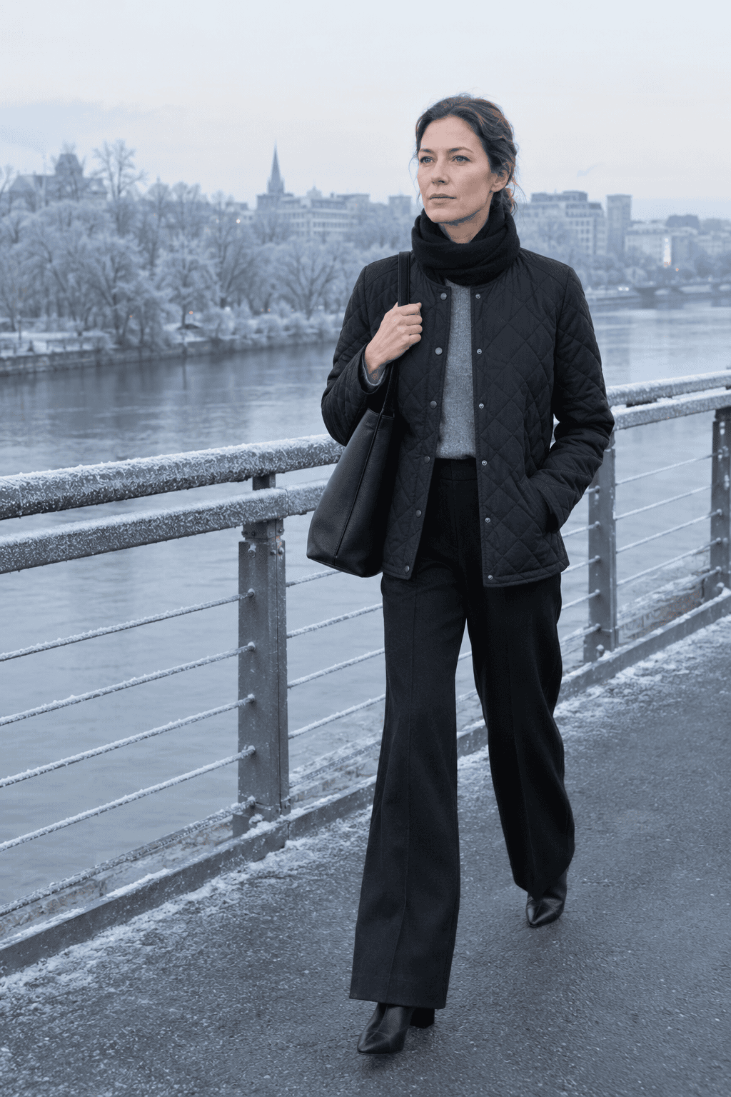 cold commute outfit: black quilted jacket over grey cashmere crewneck, black wide-leg wool trousers, black knee boots and black leather tote