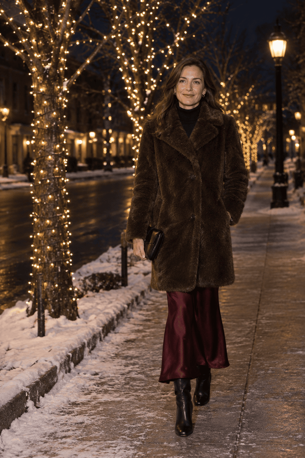 long skirt winter outfit for New Year's Eve: oxblood silk maxi skirt with a closed coffee brown faux fur coat, black cashmere turtleneck and black knee-high boots