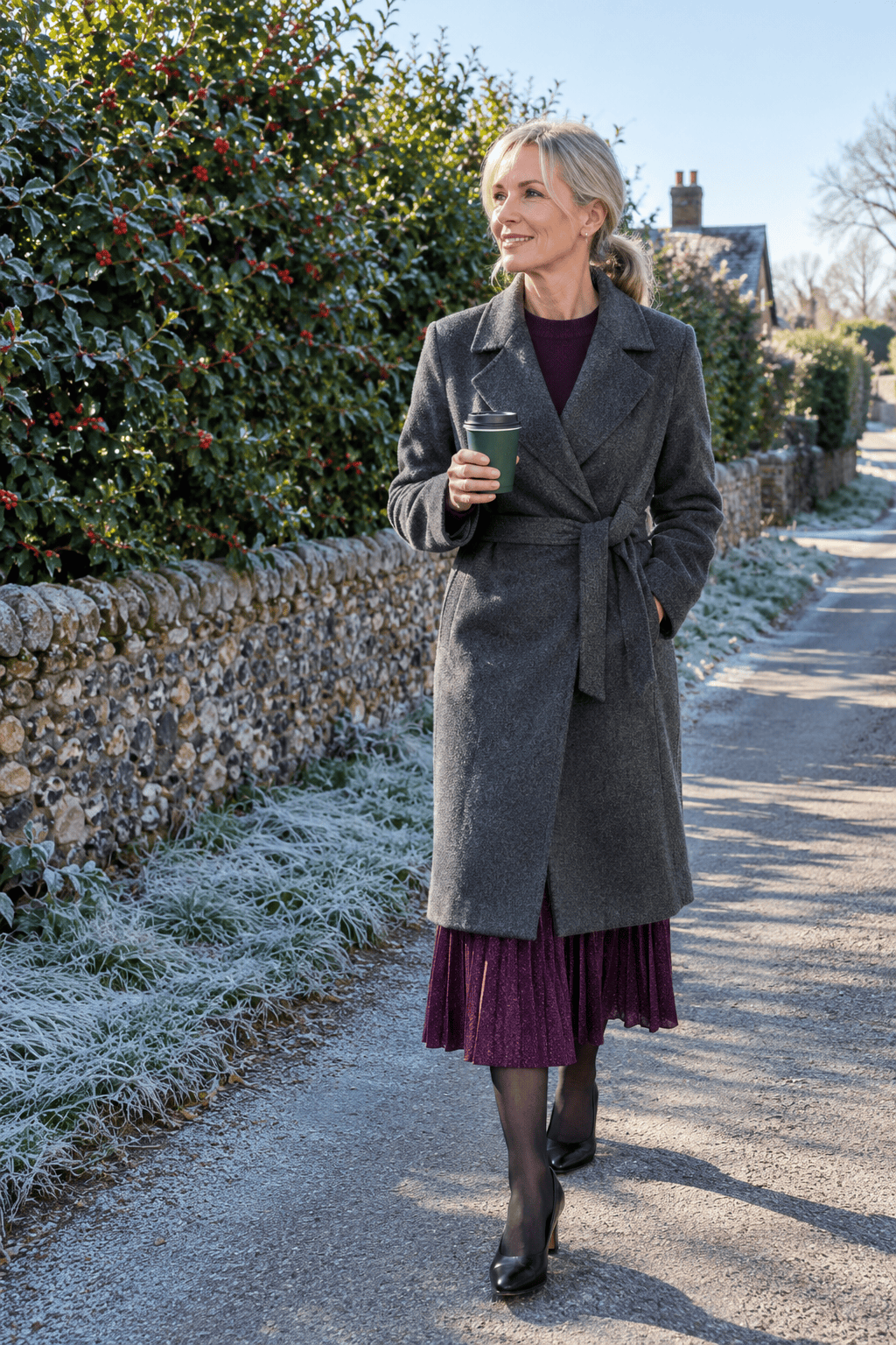 mother of the bride send-off brunch winter outfit: dark plum cashmere crewneck sweater, plum pleated shimmer midi skirt, charcoal cashmere wrap coat and black leather pumps
