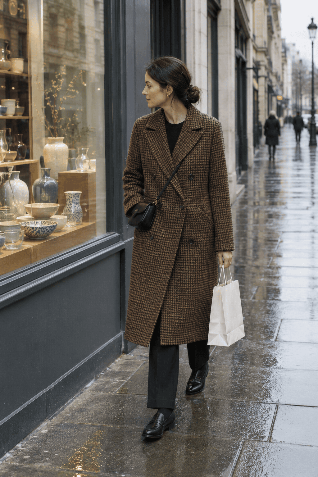 London winter outfit for a shopping day: long brown houndstooth coat, black cashmere sweater, black straight trousers and black leather loafers