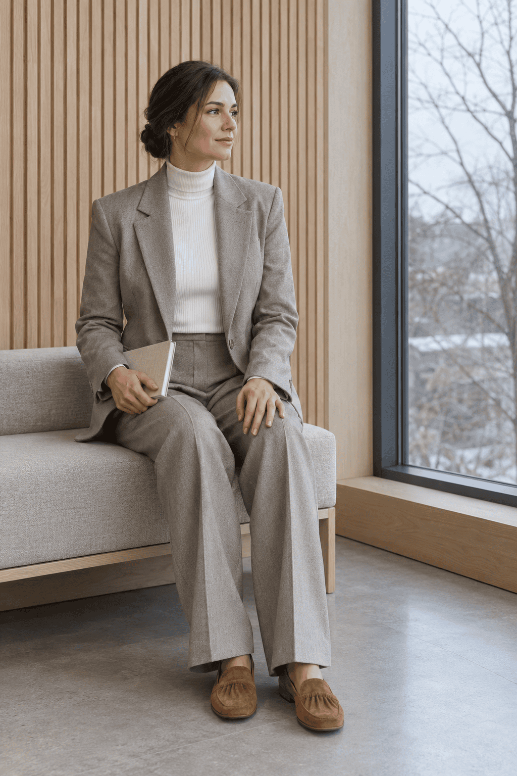 tonal neutral winter office outfit: stone twill blazer and matching trousers, white fine-rib turtleneck and tan suede loafers