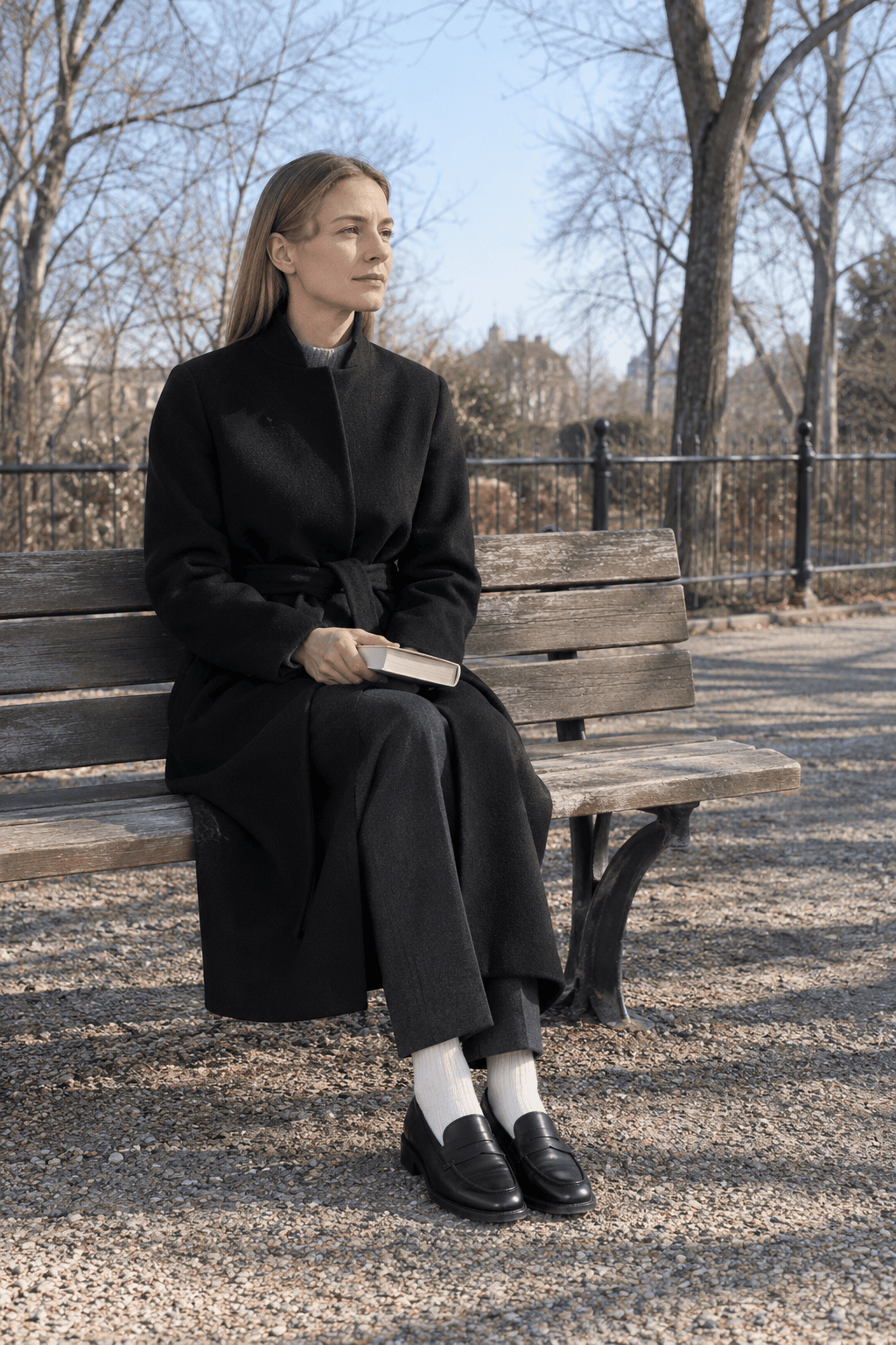 how to style a long black coat with loafers and socks: belted black wool coat, charcoal ankle-length trousers, black penny loafers and ivory ribbed socks