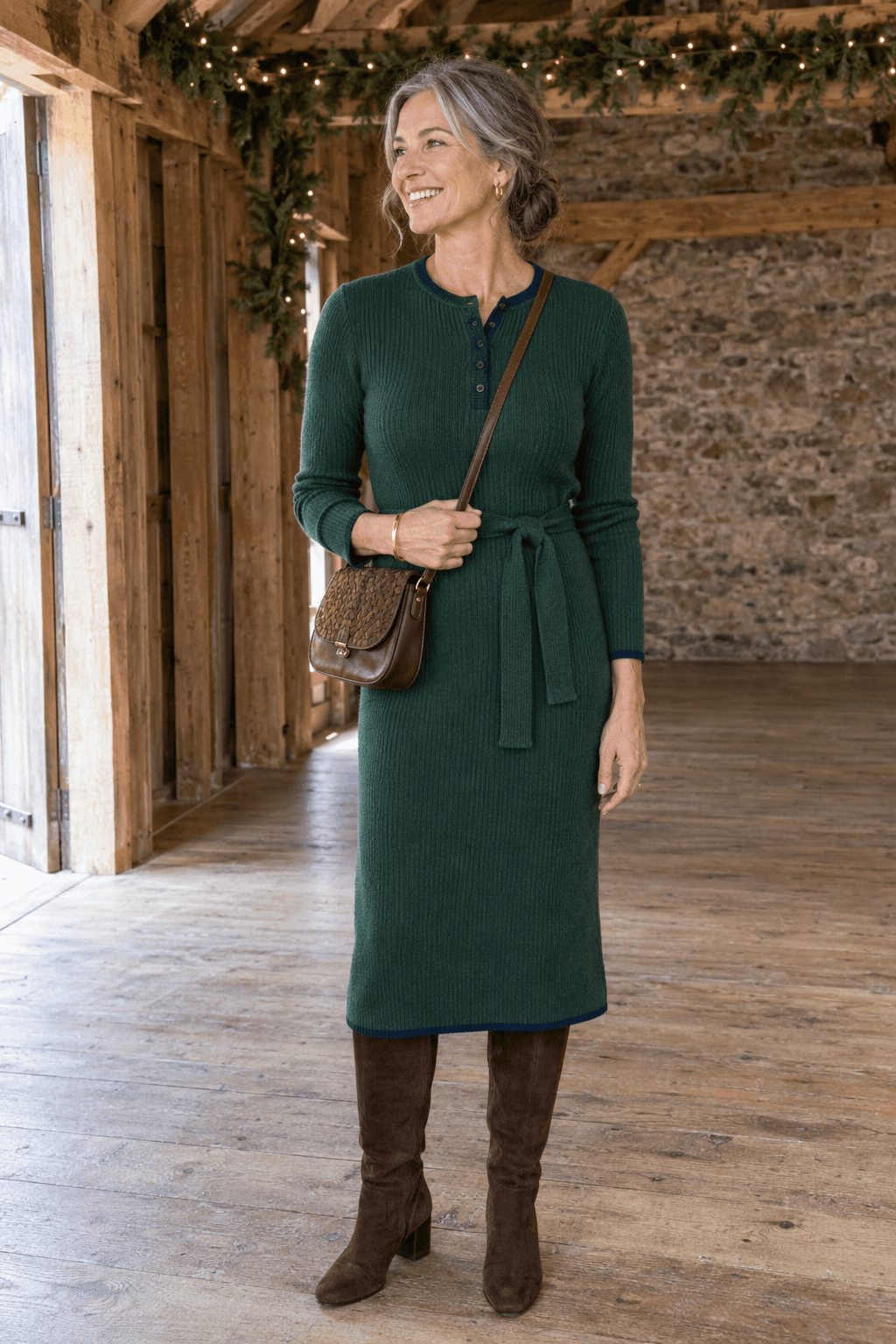 winter wedding guest outfit for women over 50: forest green ribbed knit long-sleeve midi dress with tie belt, dark brown suede knee boots and brown leather crossbody bag