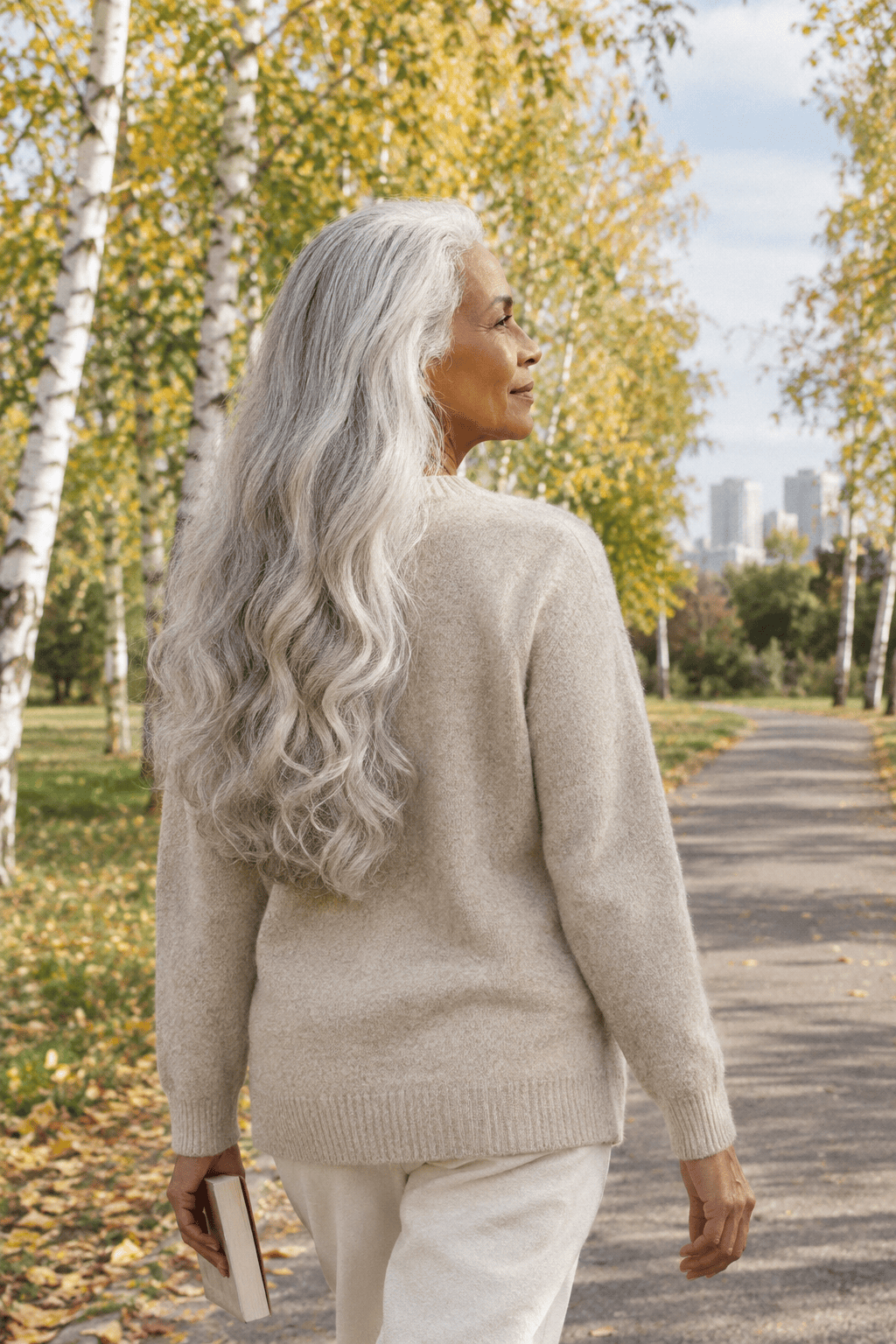 long hair over 60: long silver hair past the shoulders in loose soft waves