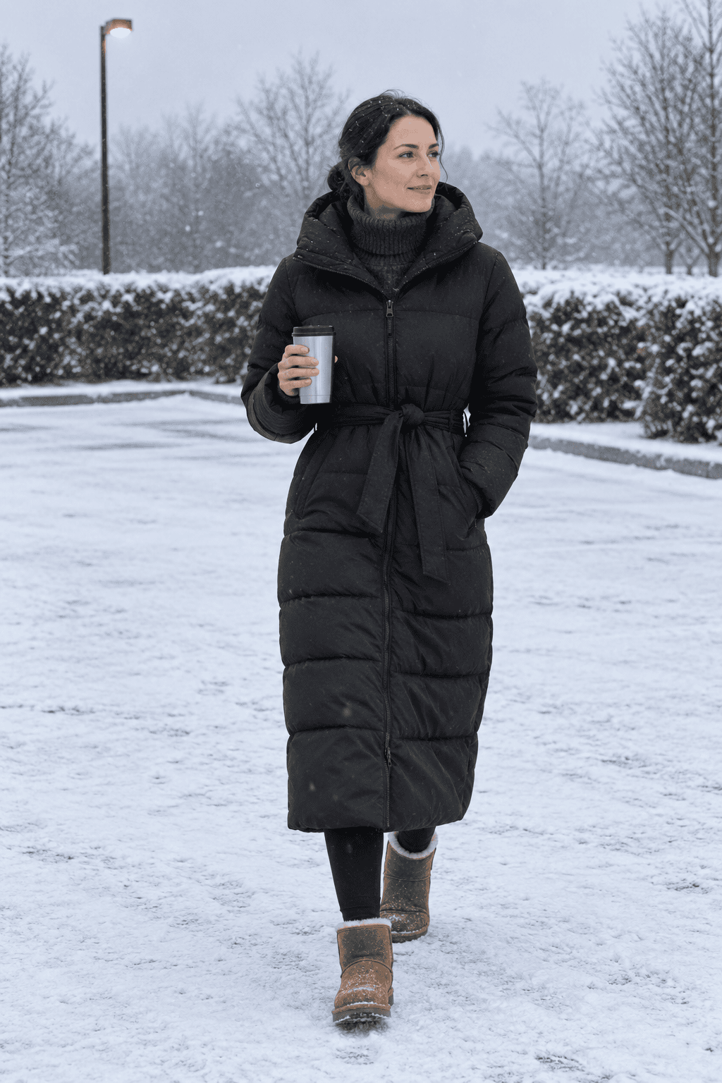 coldest day winter teacher outfit: black belted maxi puffer coat over a charcoal fisherman turtleneck with black leggings and chestnut shearling-lined boots