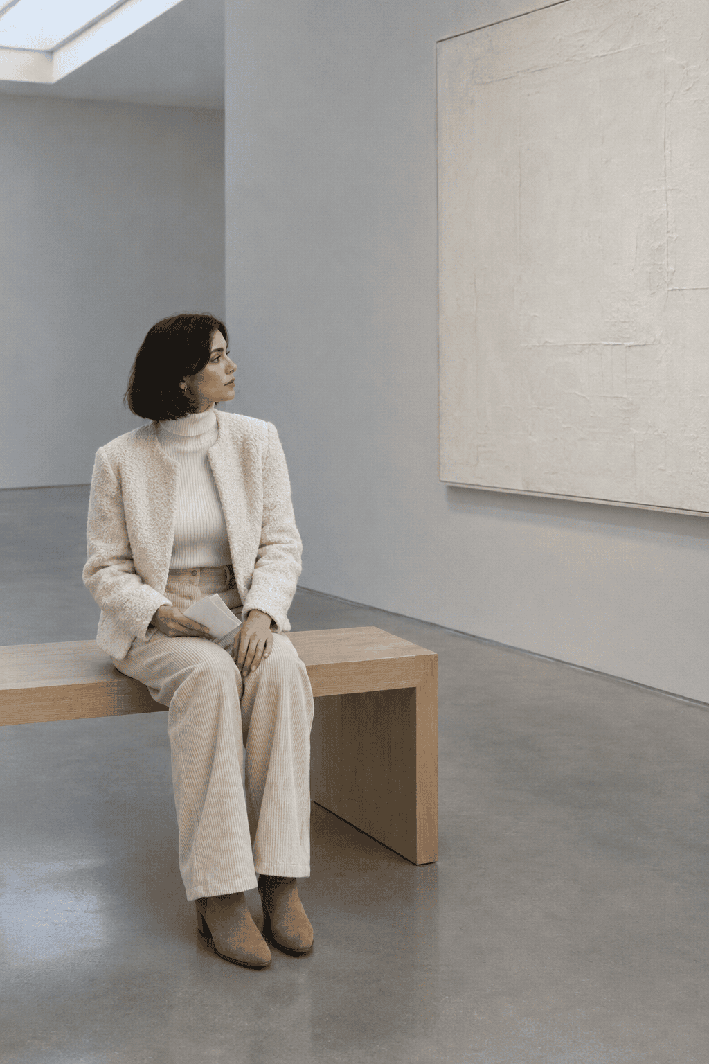 old money winter color combination ivory and cream tonal outfit: winter white ribbed turtleneck, cream wide-leg corduroy trousers and tan ankle boots