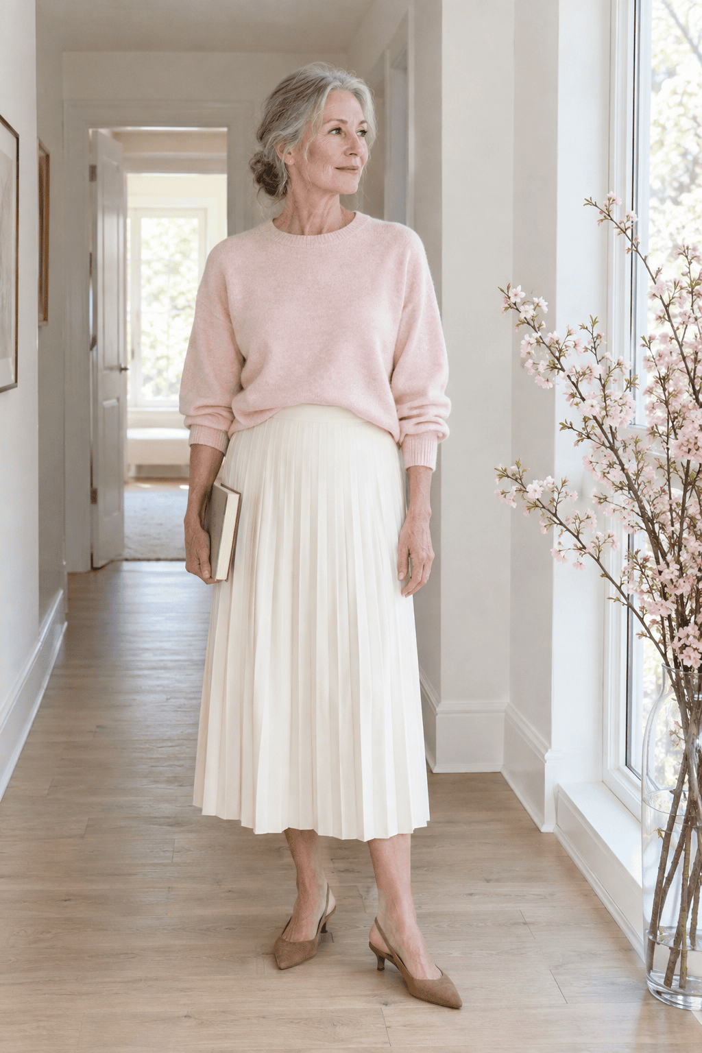 spring book club outfit for women over 60: pale blush cotton sweater front tucked into an ivory matte pleated midi skirt with tan suede kitten-heel slingbacks