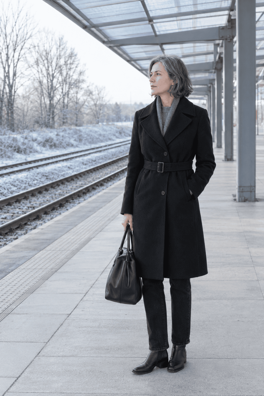 elegant winter outfit for women over 50: black belted wool trench coat over a grey cashmere crewneck, black straight jeans and black ankle boots