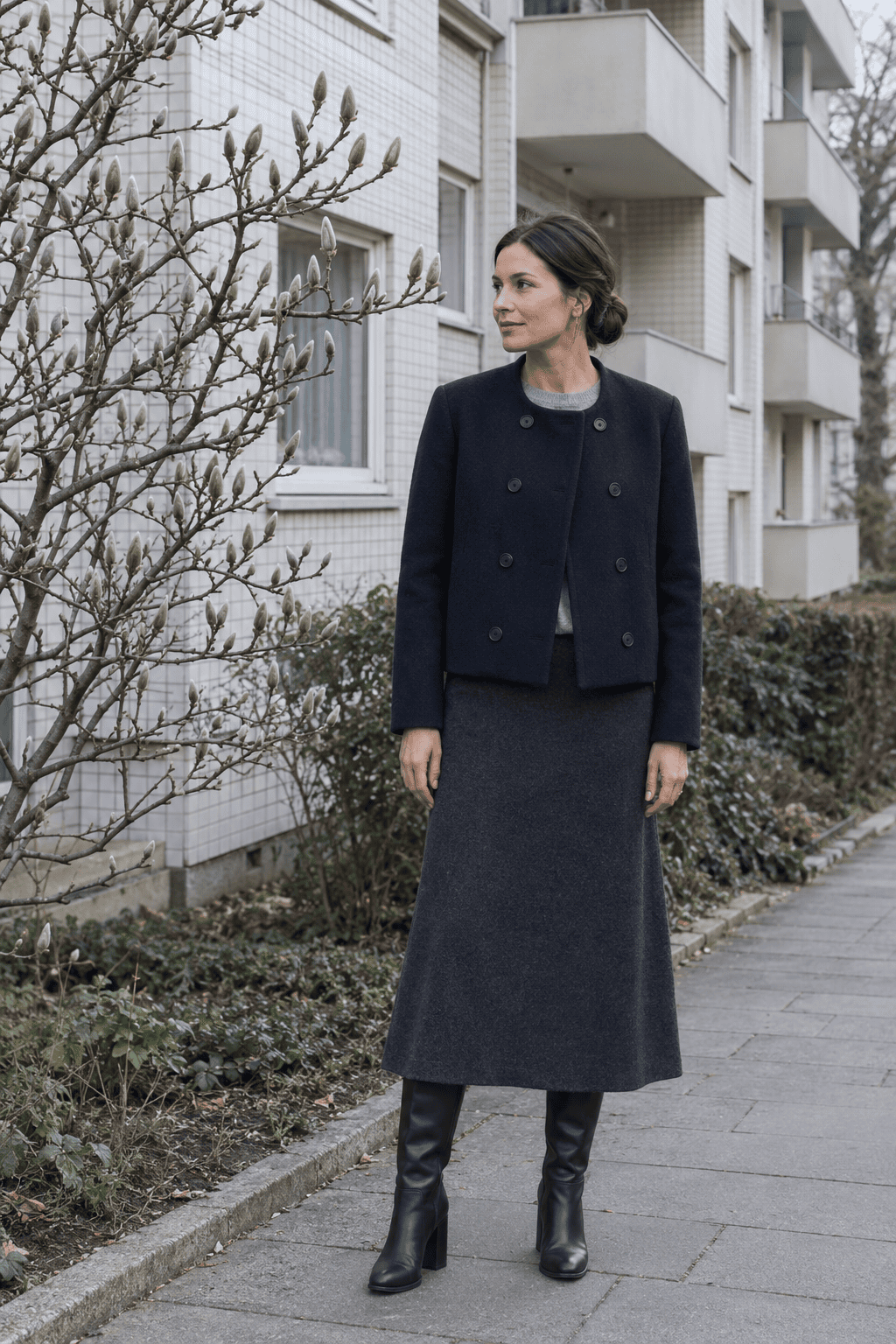 italian old money winter outfit: short dark navy collarless double-breasted wool coat, pale grey cashmere crewneck, charcoal cashmere knit midi skirt and black leather knee boots