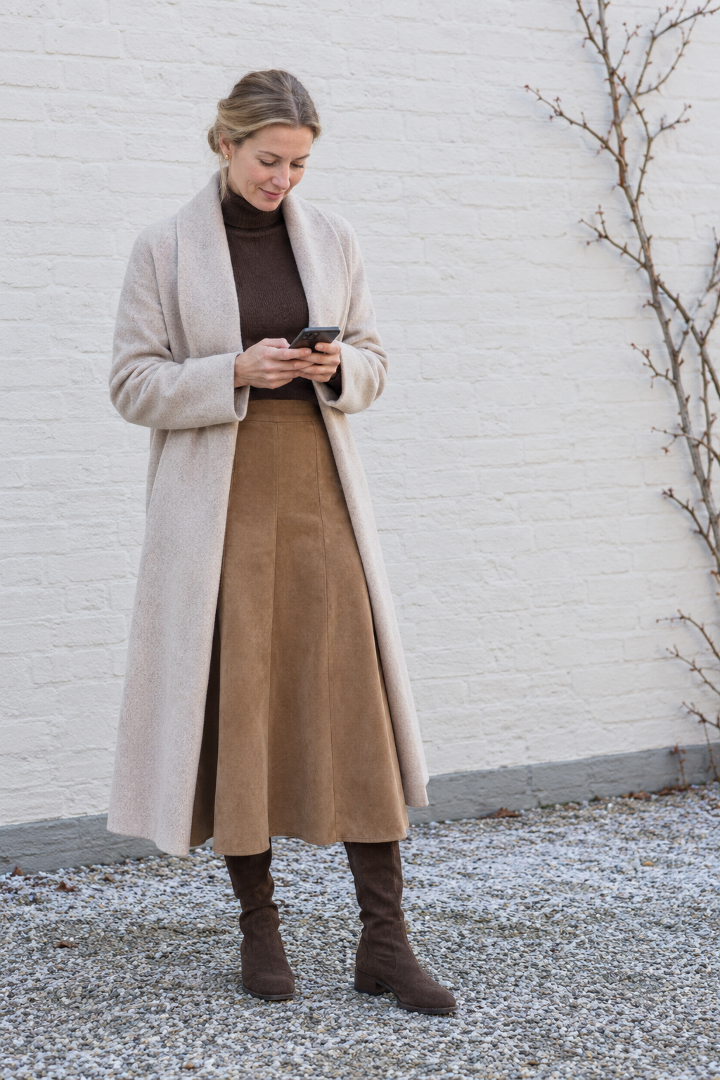 midweek lunch winter outfit for women over 40: pale oatmeal shawl-collar wool coat, chocolate cashmere turtleneck, tan suede A-line midi skirt and chocolate faux suede knee boots