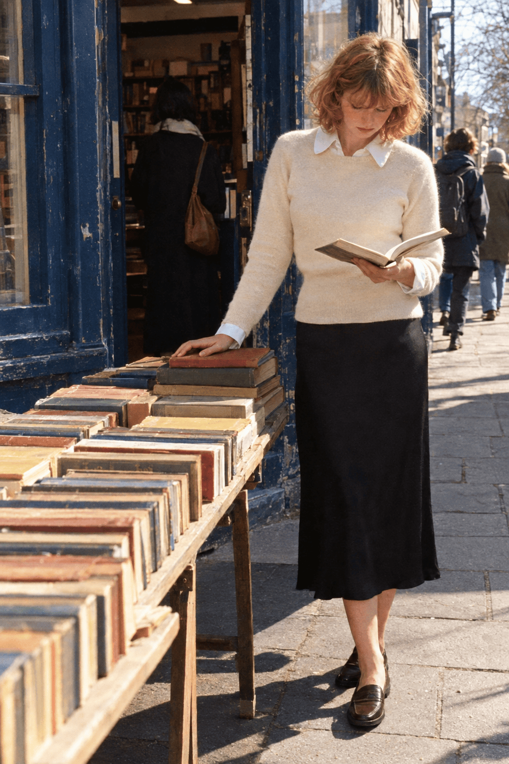 timeless capsule wardrobe Sunday lunch outfit: ivory cashmere crewneck over a white shirt collar with a black slip midi skirt and dark brown loafers