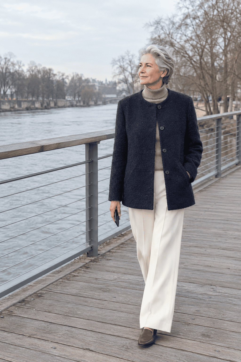 classy winter city outfit for women over 60: navy boucle coat, taupe cashmere turtleneck and ivory pleated wide-leg trousers