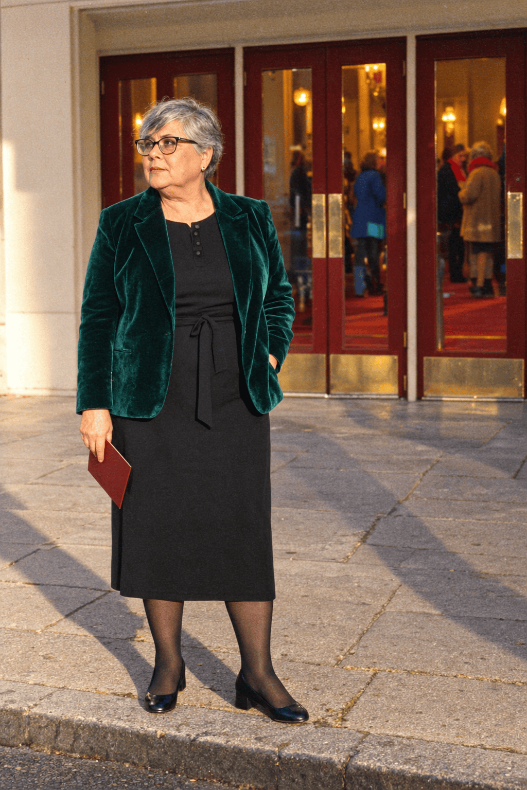 plus size theater night outfit for women in their 70s: midnight emerald velvet blazer over a black jersey column midi dress with a tie belt and black block-heel pumps