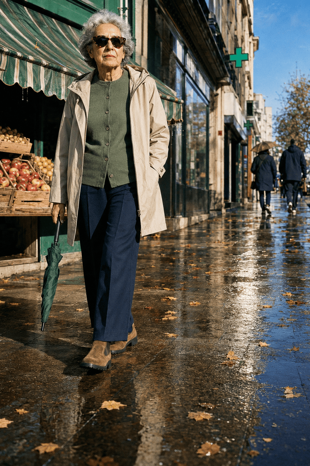 rainy day errand outfit for women in their 80s: beige hooded mid-length raincoat, olive-sage button cardigan, navy wide-leg pull-on trousers and tobacco suede waterproof Chelsea boots