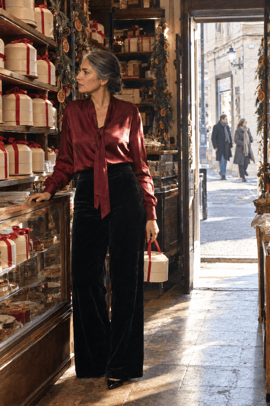 christmas house party outfit: wine red silk tie-neck blouse, black velvet wide-leg trousers and black patent pointed flats