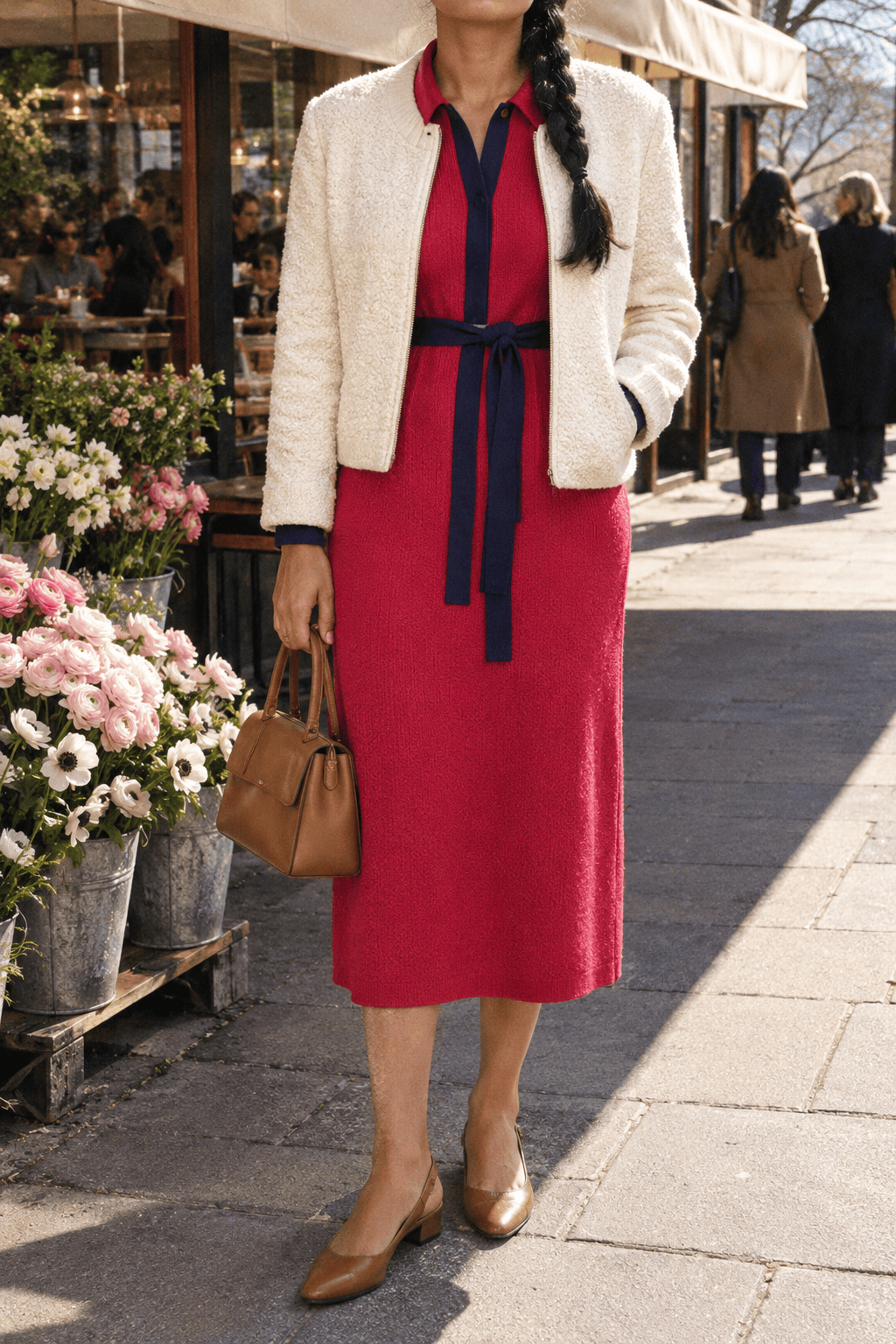 Valentine's Day red dress outfit for Galentine's brunch: raspberry red knitted shirt dress with navy trim and an ivory boucle blazer