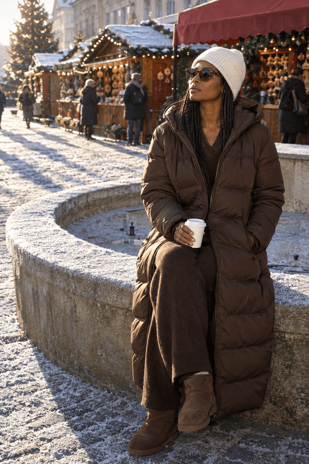 cold weather christmas market outfit with a long coffee brown hooded down coat, dark brown knit sweater and matching knit trousers and cocoa shearling-lined boots