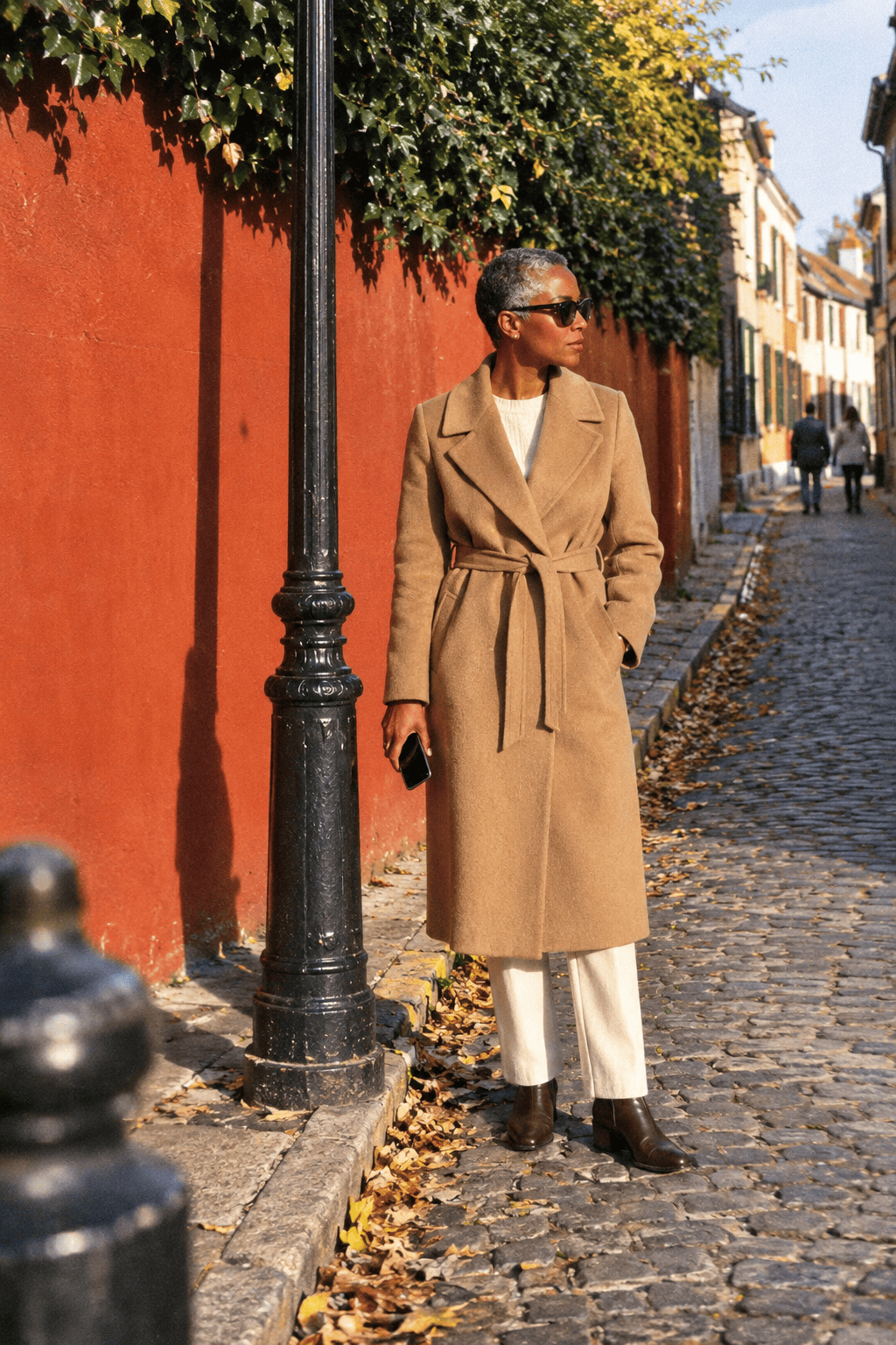 Old money designer brands for women: Max Mara camel wool wrap coat over cream knitwear
