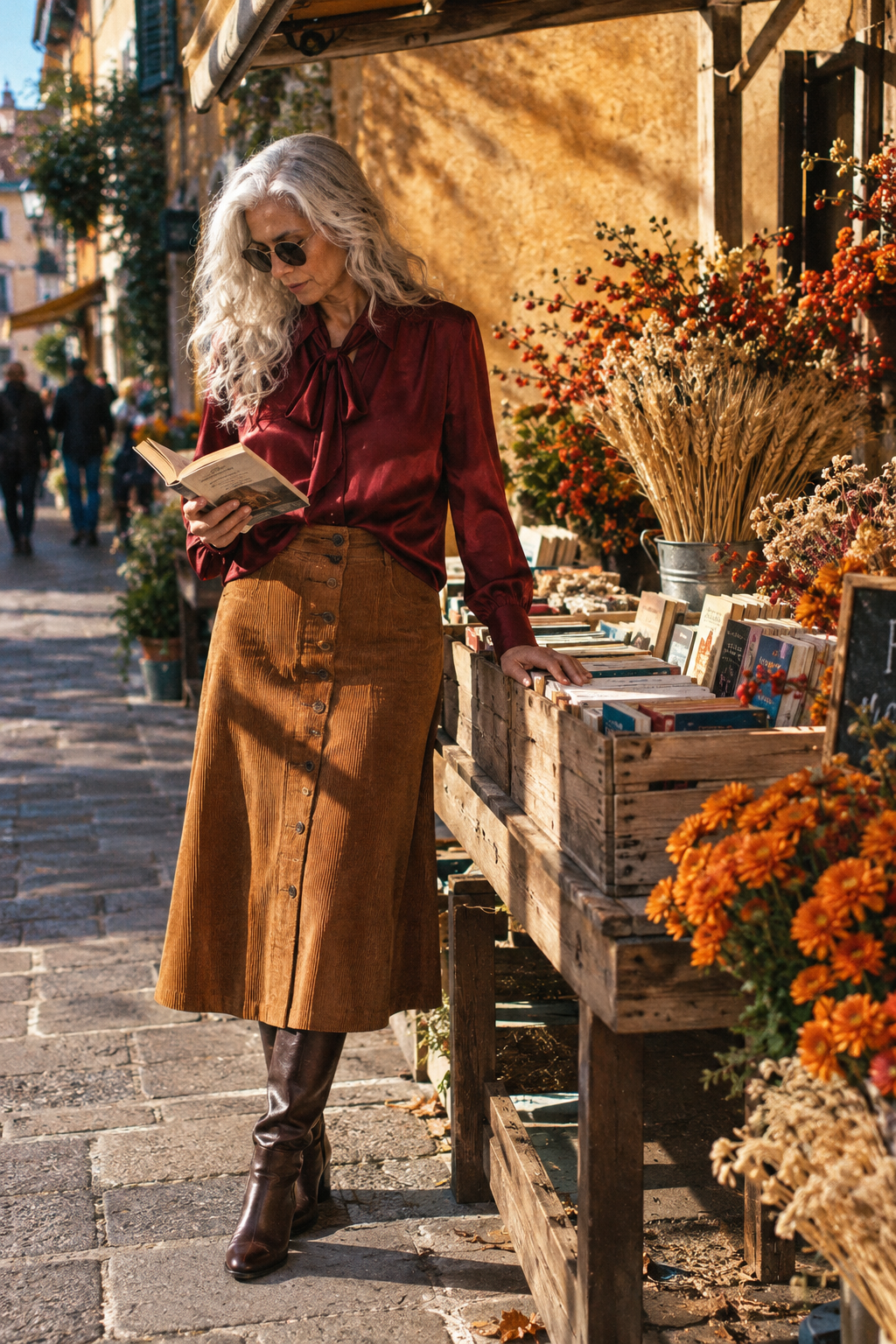 women over 60 thanksgiving outfit: wine silk tie-neck blouse, corduroy midi skirt and tall chocolate boots