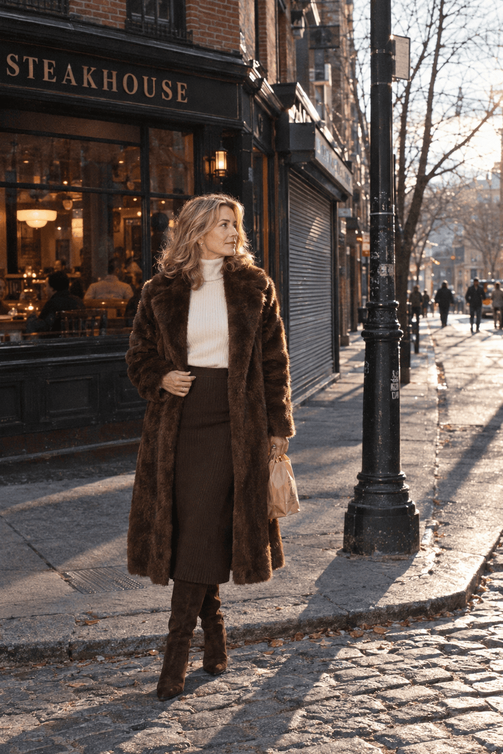 winter date night outfit: chocolate brown cashmere rib midi skirt with a winter white turtleneck, dark brown suede knee boots and a coffee brown faux fur long coat