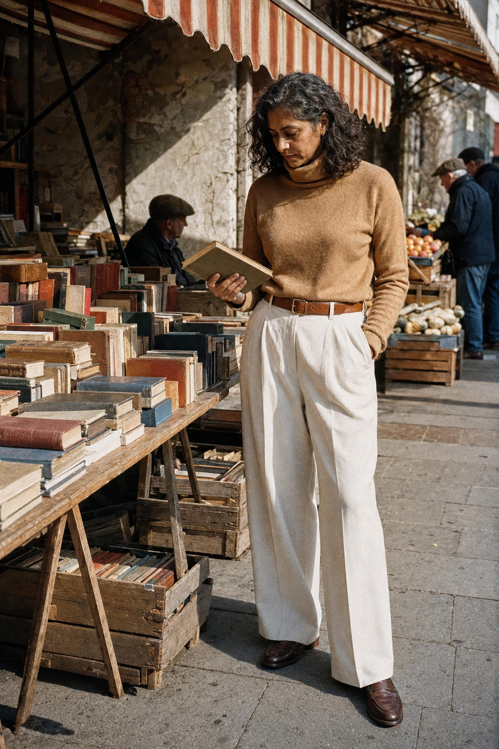 Friendsgiving outfit idea for a daytime gathering: camel cashmere turtleneck, ivory pleated wide-leg trousers, cognac leather belt and dark brown penny loafers