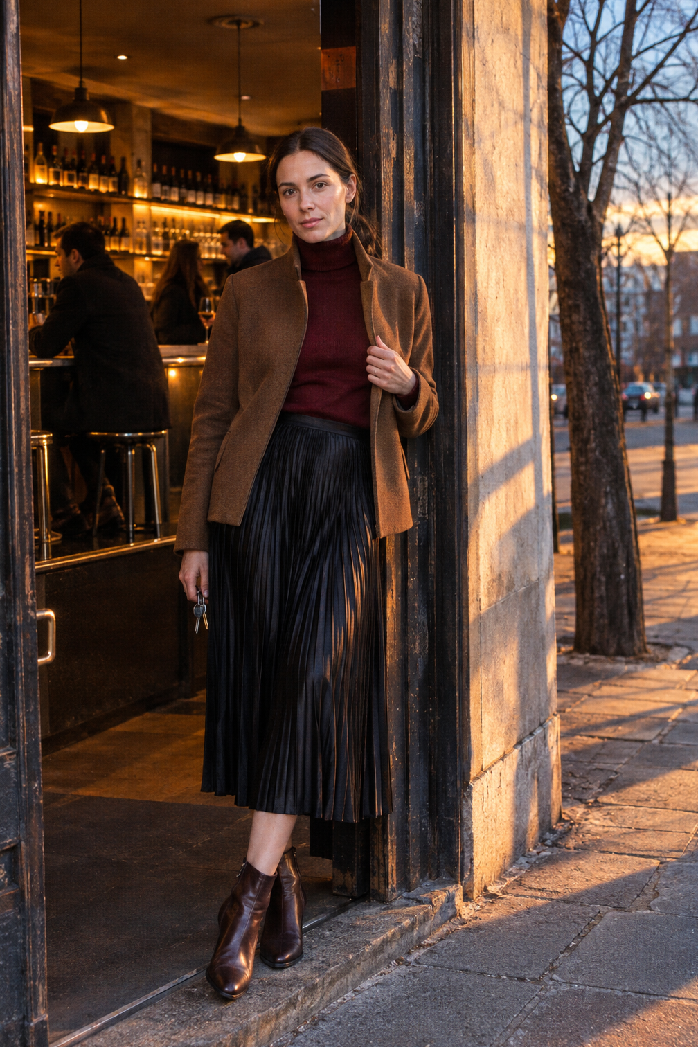 holiday-neutral winter dinner party outfit: burgundy cashmere turtleneck, black pleated satin midi skirt, brown kitten-heel booties and a dark camel wool coat