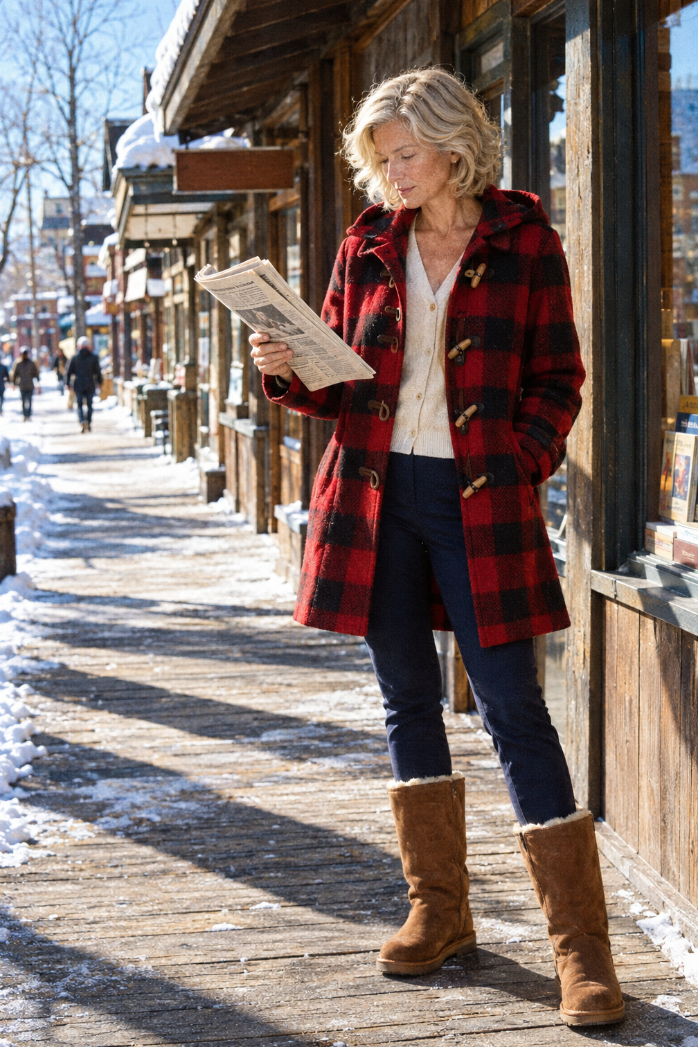 snow outfits for women: red and black buffalo check lambswool duffle coat, off-white merino cardigan, navy fleece-backed pants and chestnut tall sheepskin boots on a snowy cabin town street