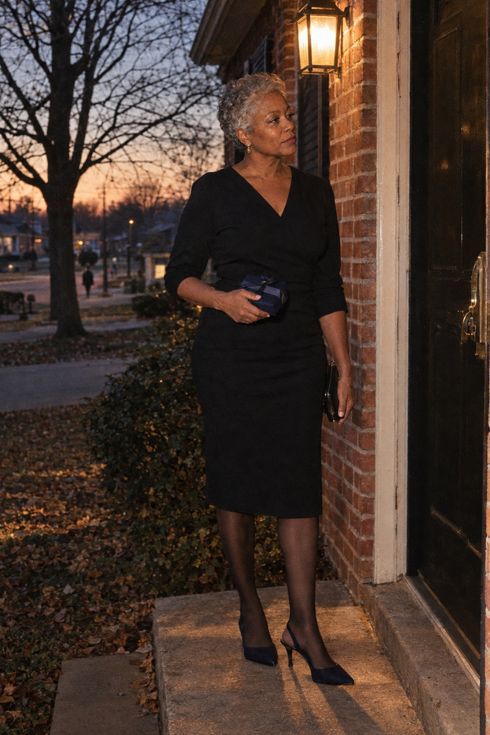 dinner party outfit ideas for guests: tailored black ponte V-neck sheath dress with sheer black tights and dark navy slingback heels